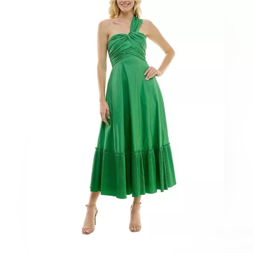 NWT Taylor One-Shoulder Green Pleated Hem Midi Dress 10 elegant formal chic